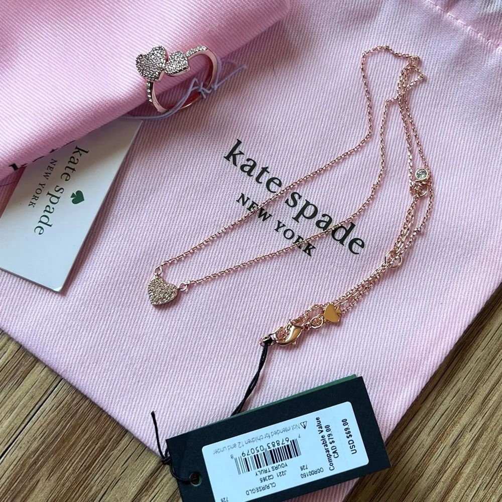 NEW Kate Spade Yours Truly Pave Heart Ring & Mini Pendant Necklace Rose Gold - Picture 2 of 8